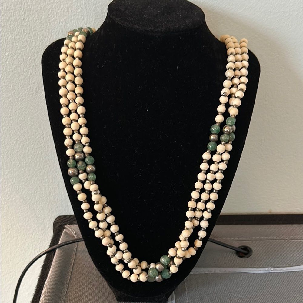 Vintage Celluloid Cream and Green Glass Beaded Necklace